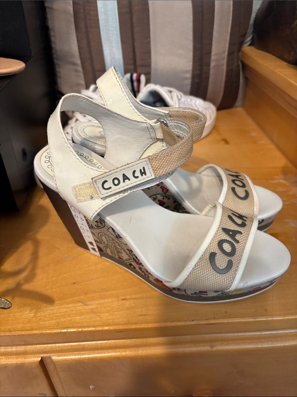Vintage Coach poppy White and Beige Logo Canvas Wedge Sandals